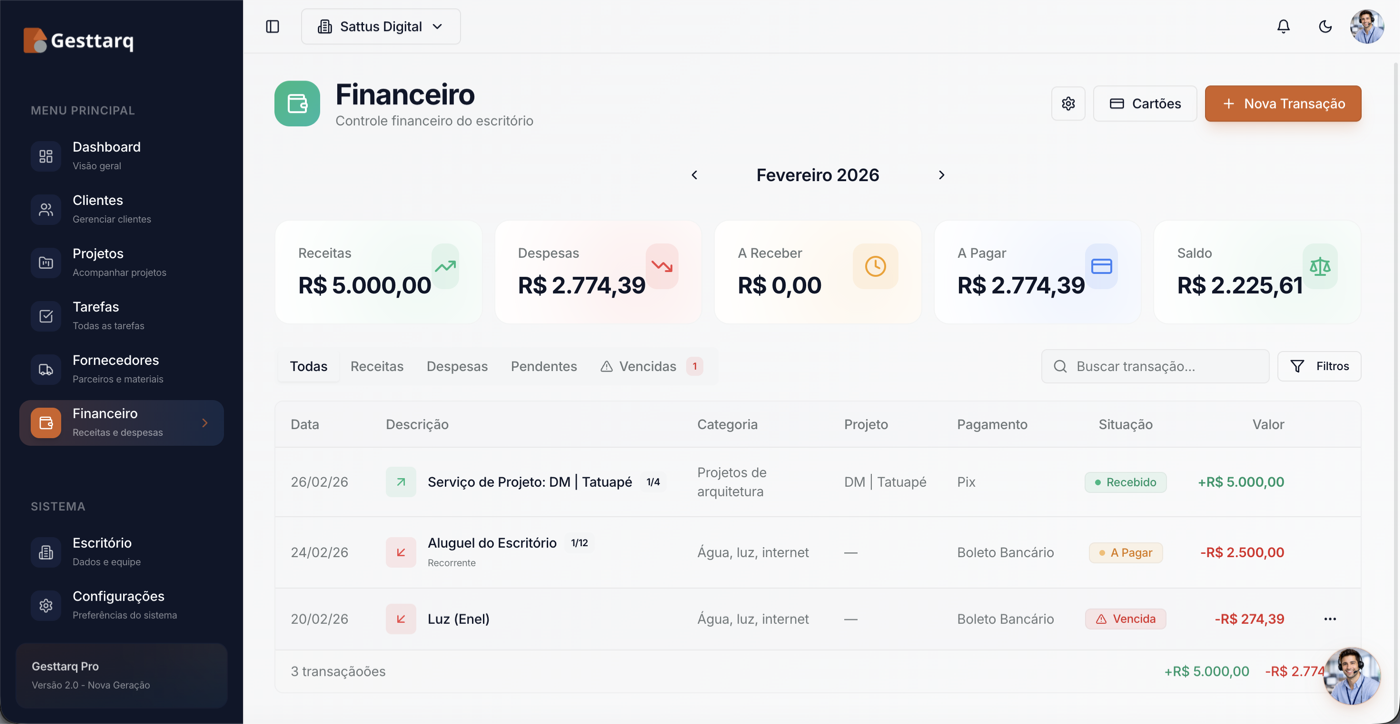 Tela de gestão financeira do Gesttarq, com receitas, despesas e categorização