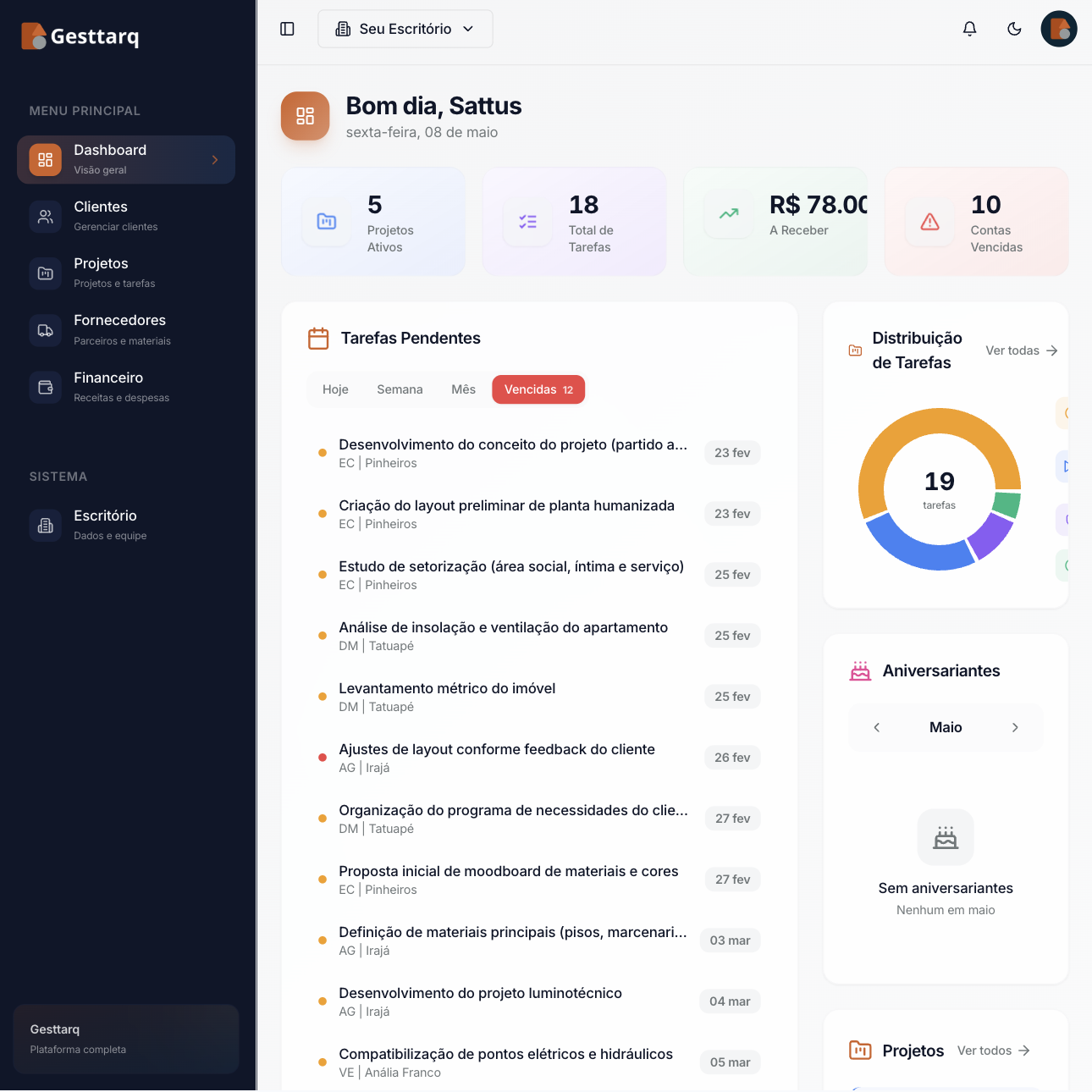 Dashboard do Gesttarq — saudação ao usuário, cards de projetos ativos, total de tarefas, contas a receber e vencidas, lista de tarefas pendentes e distribuição visual